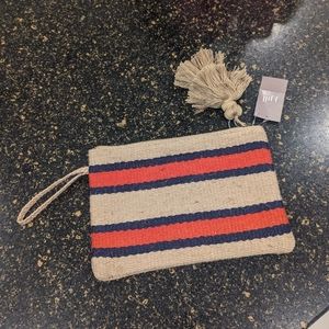 J. Jill Jute Zip Striped Boho Clutch Wristlet Handbag with Large Fabric Tassel